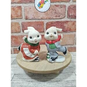 Homco 5305 Christmas Pair Bunny Rabbits Ice Skating 2 Figurines Ceramic Vintage